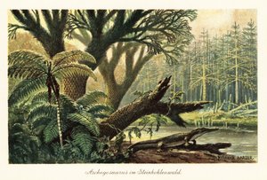 Archegosaurus decheni vid en flod i en urdjungel. av Heinrich Harder