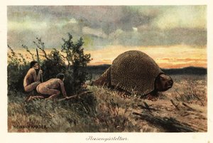 Primitiva män med spjut som jagar en glyptodon.