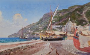 Amalfi, fiskebåtar på stranden / akvarell av H.Hermanns av Heinrich Hermanns