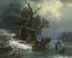 Vinterlandskap med figurer på en frusen flod, 1867 av Heinrich Hofer