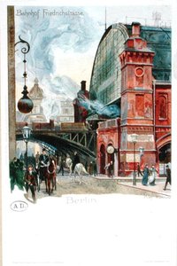 Järnvägsstationen i Friedrichstrasse, Berlin, ca 1900 (färglitografi)