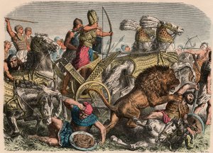 Forntida Egypten: Farao Ramses II kämpar mot krigslejonen i den hettitiska armén i Qadesh, 1274 f.Kr., 1866