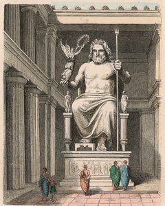 Antikens Grekland: Zeusstaty i templet i Olympia - Skulptur av Phidias, ca. 440/30 f.Kr. ett av världens sju underverk