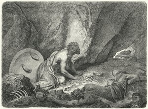 Aristomenes flyr från gropen där han hade kastats av spartanerna (gravyr) av Heinrich Leutemann