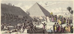 Byggande av pyramiderna i det antika Egypten (färgad gravyr) av Heinrich Leutemann