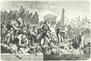 Avgång av en vandalflotta lastad med byte från en plundrad stad (gravyr) av Heinrich Leutemann