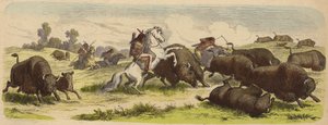 Indianer till häst som jagar buffel (färgad gravyr) av Heinrich Leutemann