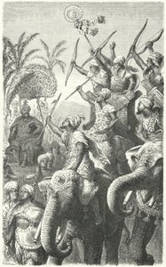 Porus, kung av Pauravas, granskar sina krigselefanter (gravyr) av Heinrich Leutemann