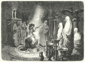 Pythia, översteprästinna i Apollontemplet i Delphi (gravyr)