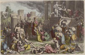 Romerska soldater plundrar en erövrad stad (färgad gravyr) av Heinrich Leutemann