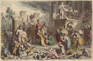 Romerska soldater plundrar en erövrad stad (färgad gravyr) av Heinrich Leutemann
