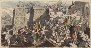 Romerska soldater stormar en stad (färgad gravyr) av Heinrich Leutemann