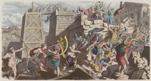 Romerska soldater stormar en stad (färgad gravyr) av Heinrich Leutemann