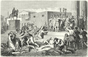 Triumviratet av Mark Antony, Marcus Aemilius Lepidus och Octavianus proklamerar förbud mot sina politiska fiender, 43 f.Kr. av Heinrich Leutemann