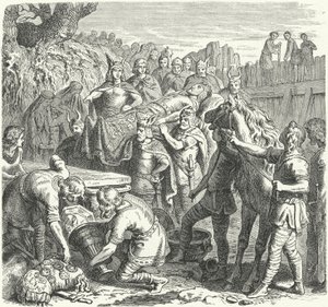 Begravningen av Alarik I, visigoternas kung, i bädden av floden Busento, 410 (gravyr) av Heinrich Leutemann