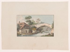 Vy över ett hus nära en bro vid Orbe à Orbe (titel på objekt) Utsikter över Schweiz (serietitel) Collection de quelques vues dessinées en Suisse d