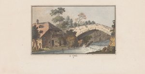 Hus bredvid en bro över en flod i Orbe à Orbe (titel på objekt) Landskap i Schweiz (serietitel) Sammlung einiger Aussichten in der Schweiz (serietitel)