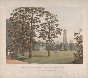 En utsikt i Kew Gardens av Alhambra och pagoden, 1813.