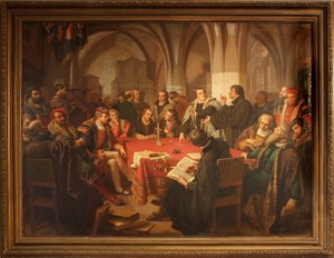 August Noack religionsdialog i Marburgs slott 1869 med ram av Heinrich Stürzl