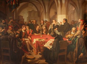 August Noack Religiös dialog i Marburgs slott 1869 utan ram av Heinrich Stürzl