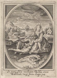 Ett par satt på marken, mannen håller i en bägare och lutar sig mot..., ca. 1585-1621.