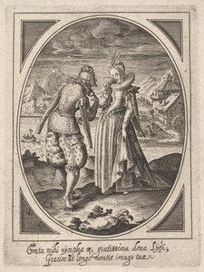 En man kliver mot en kvinna som håller en bägare mot munnen, en vattenkvarn och berg..., ca. 1585-1621.