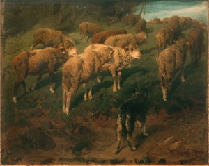 Får med svart hund av Heinrich von Zügel