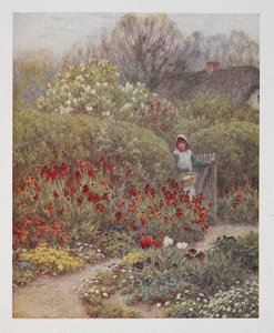 En kvinna som öppnar en grind till en trädgård, illustration från "Happy England", av Robert Huish (färg litho) av Helen Allingham