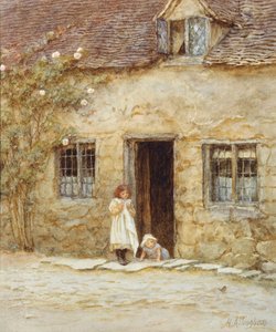 Vid stugdörren (akvarell med utskrapa) av Helen Allingham