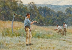 Cutting Hay in the Surrey Hills (wc på papper) av Helen Allingham