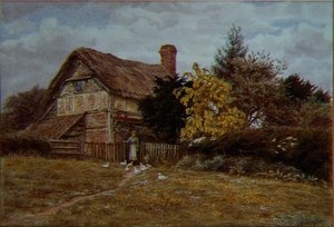Laburnum Cottage: en kvinna som matar ankor (akvarell) av Helen Allingham
