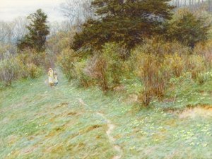 Primroses on a Surrey Heath (wc på papper) av Helen Allingham