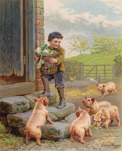 Hungriga grisar som tittar på en pojke som bär en korg med kålrot på en gård (chromolitho)