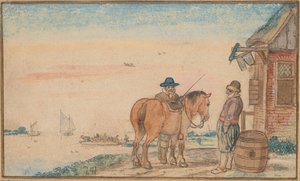 En ryttare som talar med en man vid ett värdshus av Hendrick Avercamp