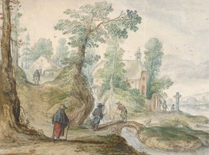 Ett skogsbevuxet flodlandskap med en kyrka och figurer, ca. 1613. av Hendrick Avercamp