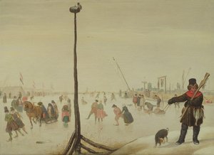 En ankjägare och hans hund i ett vinterlandskap (panel) av Hendrick Avercamp