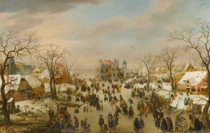 Ett vinterlandskap med panoramautsikt och en mängd figurer på en frusen flod av Hendrick Avercamp