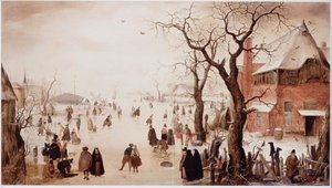 Holländska: Vinterlandskap med skridskoåkare nära en by Vinterlandskap med skridskoåkare nära en by