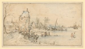 By med vakttorn och kyrka vid sjöstranden av Hendrick Avercamp