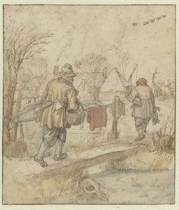 Ankjägarnas återkomst / tergo: Skisser av fartyg och av en man i vinterkläder av Hendrick Avercamp