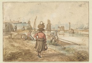 Flodlandskap med en kvinna som bär en korg på huvudet, fiskare och andra figurer nära en stadsmur av Hendrick Avercamp