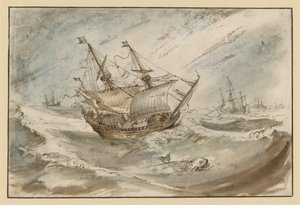 Stormigt hav med stort segelfartyg av Hendrick Avercamp