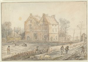 Utsikt över ett hus på landet med såmän på fältet av Hendrick Avercamp