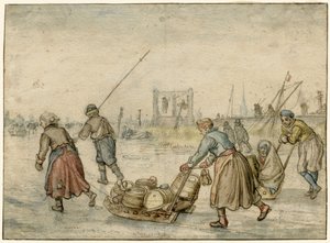 Vinterlandskap med två kvinnor och en släde och andra figurer på isen, en galge i fjärran av Hendrick Avercamp