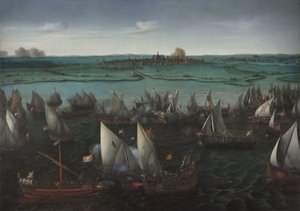 Slaget mellan holländska och spanska fartyg på Haarlemmermeer, ca 1629 (olja på duk)