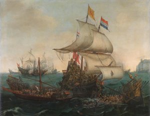 Holländska fartyg som kör mot spanska galärer på den engelska kusten, 3 oktober 1602