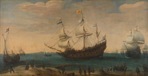 Ostindiefarare utanför en kust, ca 1600-30 (olja på duk) av Hendrick Cornelisz Vroom