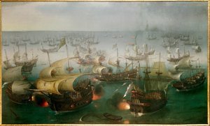 Den oövervinnliga armadan mot den engelska flottan: "" 7:e dagen av slaget med armadan, 1588-08-07", Målning av Hendrick Cornelisz Vroom (1566-1640)