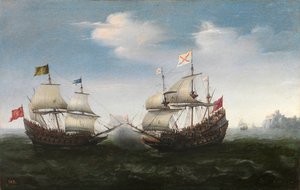 Åttioåriga krig - (Quatre Vingts Ans, eller Nederländernas revolt, eller tiggarnas krig) Sjöstrid mot en stenig strand av Vroom, Hendrick Cornelisz. (1562/3-1640) av Hendrick Cornelisz. Vroom