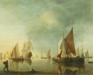 Sjöfart för ankar offshore i ett lugnt hav; kvällsljus, ca 1650-60 (olja på panel) av Hendrick Dubbels